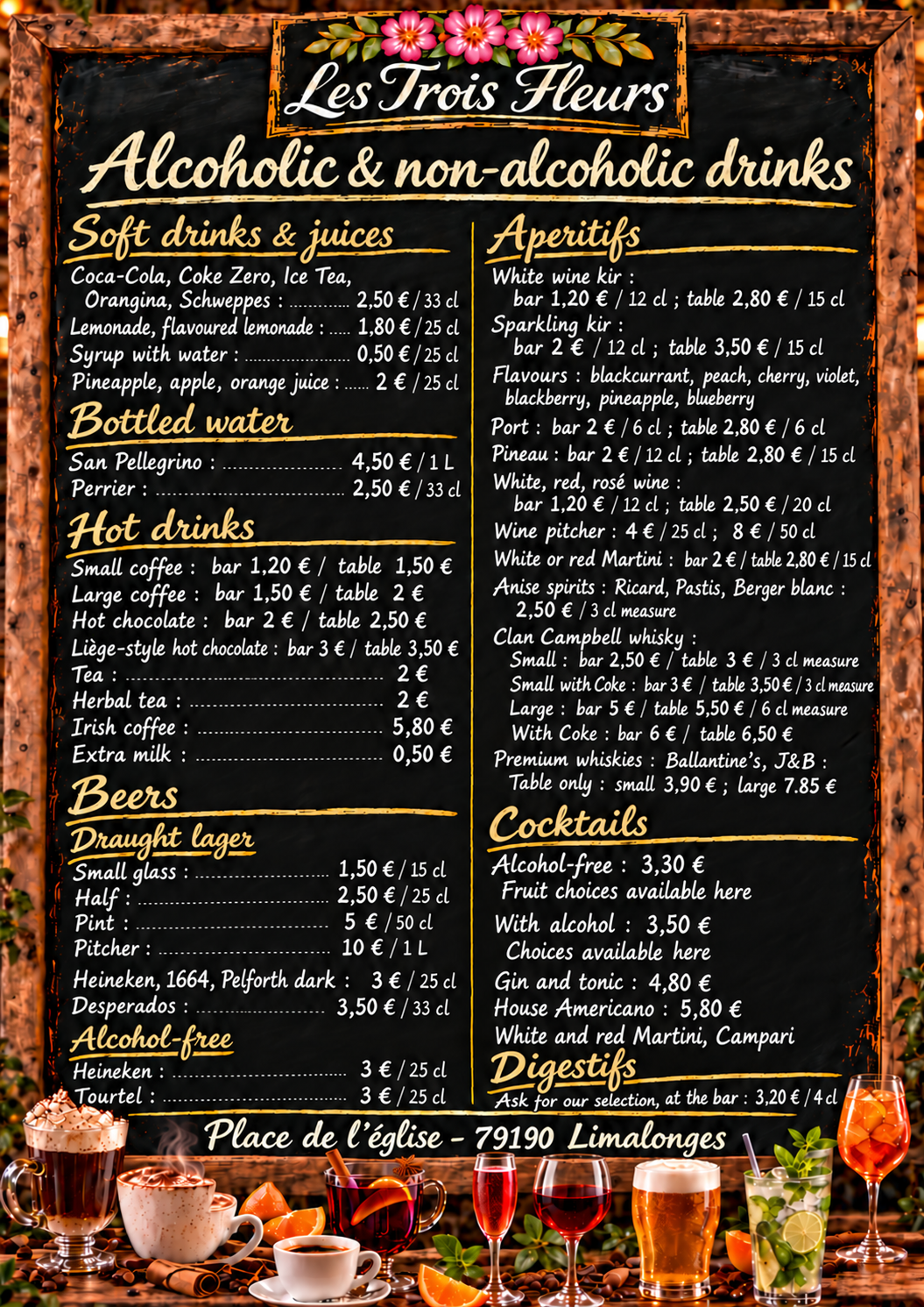 Complete drinks menu and prices