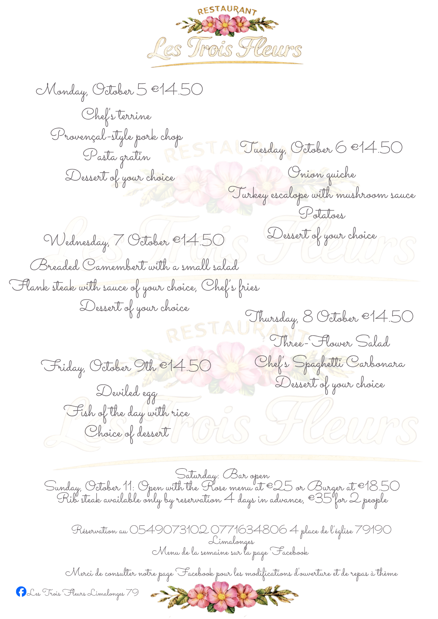 Weekly menu, October 5–11, 2026